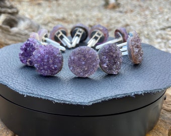 YEM  Natural Rainbow Amethyst Quartz Crystal Druzy Gemstone Cuff Links, Amethyst Cufflinks, Wedding Cufflinks, Crystal Cufflinks