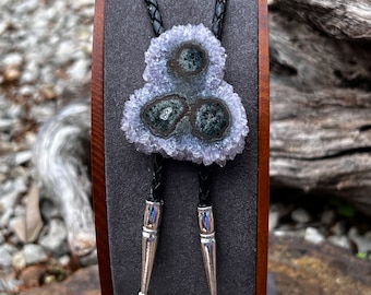 Amethyst Quartz Stalactite Flower Slice Leather Bolo Tie For Men Women, Cowboy Tie, Lariat, Wedding, Rodeo, Cowboy Gift, Western Gift  BAS23