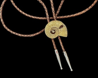 Ammonite Fossil Bolo Tie: Braided Leather Cowboy Lariat