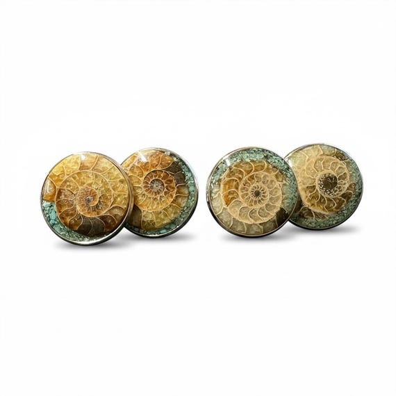 Natural Ammonite Fossil and Turquoise Inlay Cuff Links:  Stainless Steel Setting - Geologist, Rock and Fossil Collector Gift