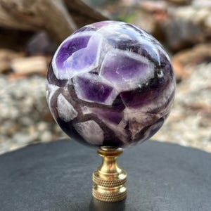 XL Chevron Dream Amethyst Gemstone Lamp Finial, 52mm Sphere, Brass Base - Standard Lamp Harp Threads 1/4 27 UNF - Organic Home Decor   CA9