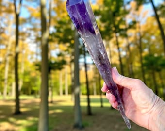Varita láser de cristal de cuarzo amatista Bahía Real Natural: Pulida, 8,75" de largo, 10,7 oz
