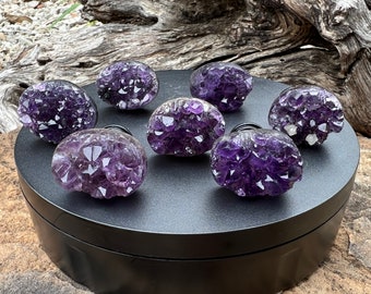 YEM AK41  30mm Natural Deep Purple Amethyst Geode Druzy Quartz Crystal Gemstone (Uruguay) Drawer Cabinet Pulls Knobs, Black Base