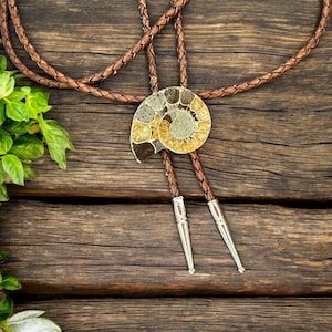 Ammonite Fossil Bolo Tie: Braided Leather Cowboy Western Lariat