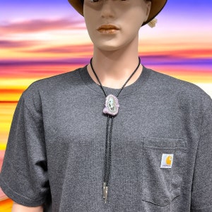Amethyst Stalactite Slice Leather Bolo Tie For Men and Women, Cowboy Gift, CowGirl Gift, Cowboy Wedding, Rodeo Wear, Western Dance - ABS7
