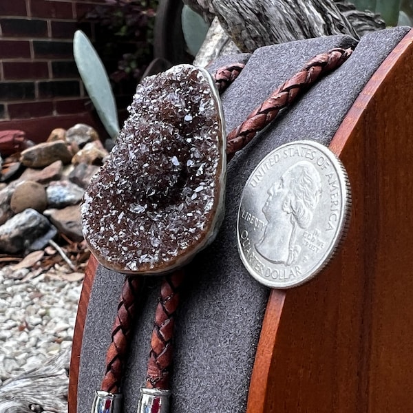 Dark Chocolate Quartz Crystal Druzy Freeform Leather Bolo Tie For Men Women, Cowboy Tie, Lariat, Wedding Gift, Rodeo, Birthday Gift  BTR5