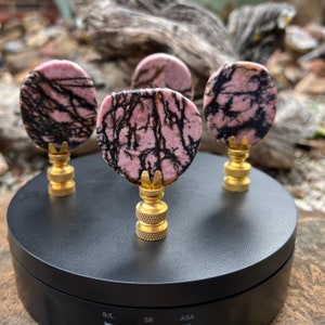 Pink and Black Rhodonite Gemstone Lamp Finial Finials, Brass Base - Standard Lamp Harp Threads 1/4 27 UNF - Organic Home Decor - Gift - RF1