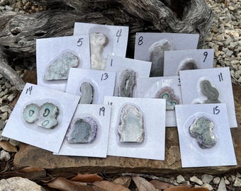 Láminas pulidas de estalactita de cristal de amatista y cuarzo, artesanías con cristal, suministros para joyería de cristal, ejemplares para coleccionistas de cristal.
