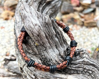 Artisan Crafted Hand Knotted Adjustable Braided Leather Bracelet - Antique Brown and Black - 6 1/2' to 8 1/2"
