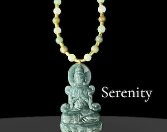 Collar con colgante Kuan Yin de jade guatemalteco: diosa de la jadeíta azul oscuro y verde