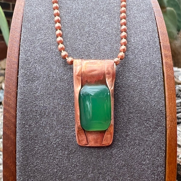 Hand Forged Folded Copper and Green Agate Pendant Necklace - Braided Sateen Cord, Leather or Solid Copper Chain - CP10