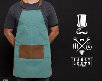 Recycled Cotton Apron Light Blue + Light Brown