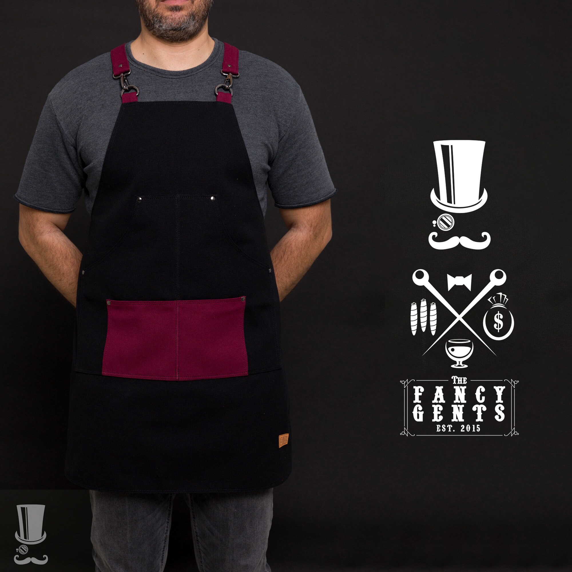 Recycled Cotton Apron Black+ Bordeaux