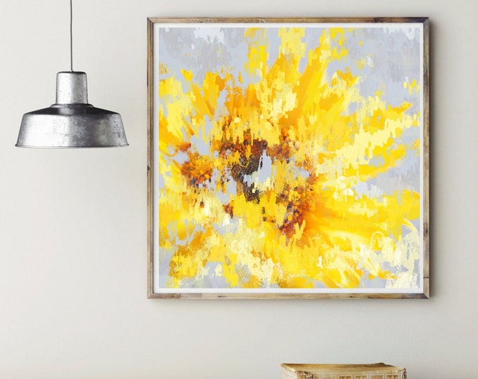 Yellow Wall Art, Yellow Grey Print, Flower Art, Abstract Painting, Grey
