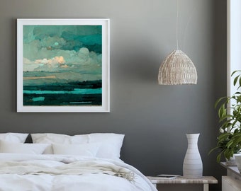 Teal Landscape Wall Art, Abstract teal wall art, indigo mixed media art, peacock blue painting, over bed art print, dark blue sea green art