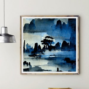 Blue watercolour landscape, navy Japanese painting, Minimalist Neutral Prints, Printable wall art, ink drawing, 30x30 square Print