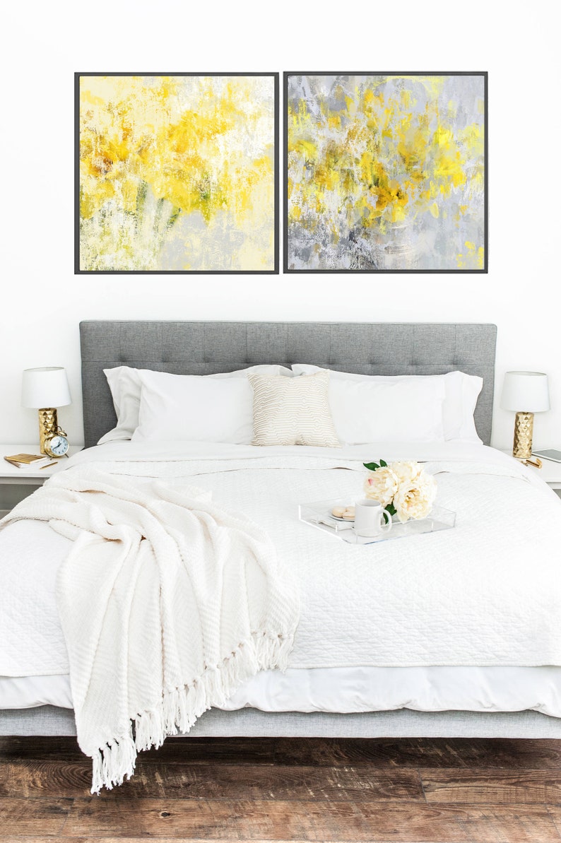 Wall Art Set Abstract Painting Grey Yellow Wall Art Large Etsy