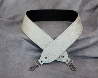White with silver tipping 2 Gator Embossed Genuine Cowhide leather Replacement strap/cut-resistant/purse strap/crossbody/ bag strap