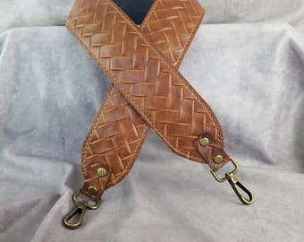 Brandy Honey Braided Embossed Genuine Cowhide Leather Replacement strap/cut-resistant/leather bag strap/crossbody,purse strap, Mother's Day