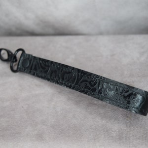 Leather Key chain, Black Floral Embossed Genuine Cowhide Leather strap/ Wristlet strap, Mother's Day gift, Bag Charm, Key fob, Cut-Resistant