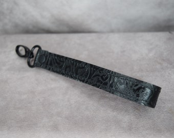 Leather Key chain, Black Floral Embossed Genuine Cowhide Leather strap/ Wristlet strap, Mother's Day gift, Bag Charm, Key fob, Cut-Resistant