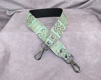 Lt Turquoise SW Squares &Triangles Embossed Genuine cowhide leather 1.25" wide Replacement Strap/leather purse strap/cut-resistant/bag strap