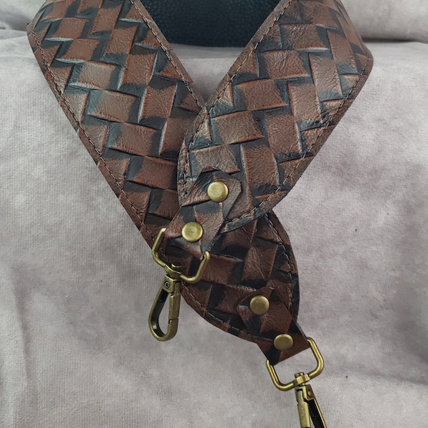 Leather strap, Cognac and Black Braided Embossed Genuine Cowhide Leather replacement strap/cut-resistant/bag strap/crossbody/purse strap