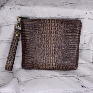 Wristlet Wallet, Brown Crocodile, Small Embossed Genuine Cowhide, Gift ...