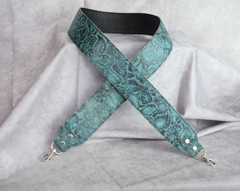 Teal floral Embossed Genuine cowhide replacement purse strap/cut-resistant/leather purse strap/ bag strap/crossbody strap/shoulder strap