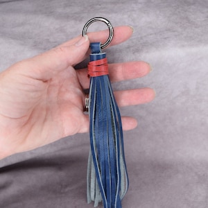 Leather tassel keychain/bag charm/blue smooth tassel with red smooth top/tie genuine cowhide leather, Christmas gift, teacher coworker gift