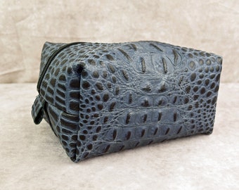 Dopp bag, Distressed Blue Alligator Embossed Genuine cowhide Leather Dopp bag/ Gift for her, toiletry bag, Makeup Bag, Gift for him