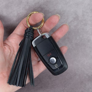 Leather tassel keychain/bag charm/black smooth genuine cowhide leather, back to school, backpack tassel
