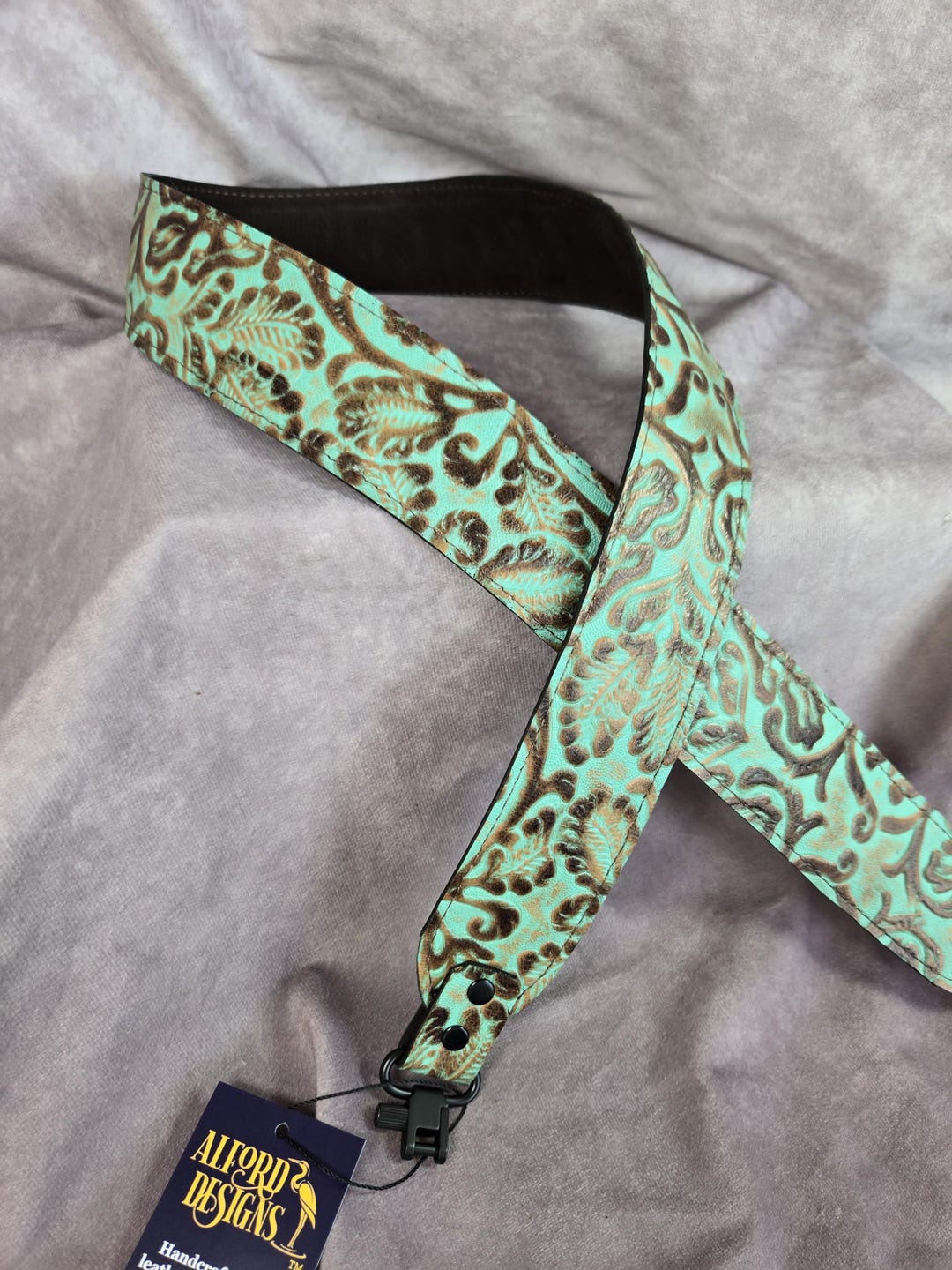 Flower Rifle Sling Turquoise and Brown Floral Leaves Embossed Genuine Cowhide Leather Mad ...