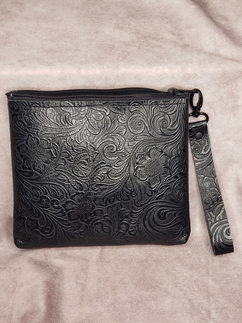 Cowhide Wristlet Wallet, Black Western Floral, Makeup Pouch, Zipper Purse, Gift for Her, Mother's Day Gift, Wristlet purse image 1