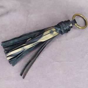 Leather tassel keychain/bag charm/black and antique gold abstract embossed genuine cowhide leather, back to school, Christmas gift