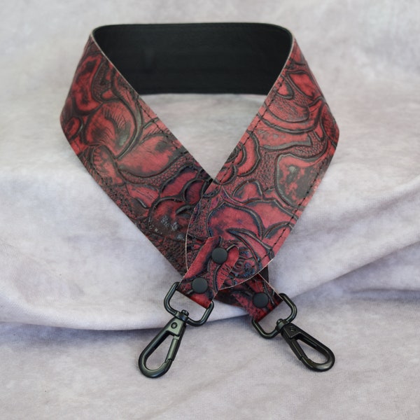 Burgundy Red & black Roses Embossed Genuine Cowhide leather replacement strap/cut-resistant/purse strap, bag strap/crossbody,Mother's Day