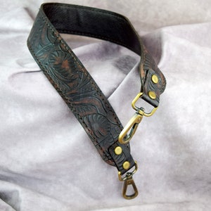 Mahogany Chestnut Brown Western Floral Embossed genuine cowhide Leather replacement strap / cut-resistant/ purse strap/shoulder bag strap