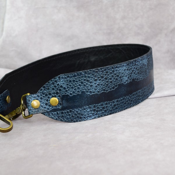 Leather Replacement strap/Dark Blue pebble and smooth striped Embossed  genuine cowhide purse bag strap/crossbody strap/cut-resistant strap