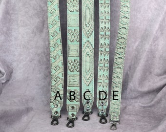 Lt Turquoise Southwestern Embossed Genuine Cowhide Leather replacement Strap/ bag strap/crossbody/leather purse strap, handbag strap