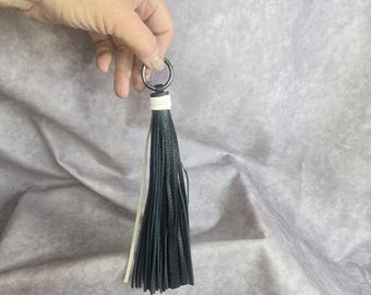 Leather tassel keychain/bag charm/soft black pebble and white genuine cowhide leather, Christmas gift, coworker gift, teacher gift, birthday