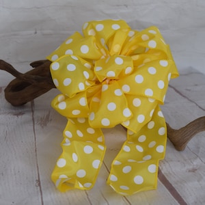 Bow for Wreath 8&quot; Yellow with white polka dots 2 1/2&quot; wide Ribbon Bow /Decorations for Home/ Bow for Top of Packages