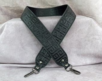 Black Greek Key Embossed Genuine Cowhide Leather replacement strap/cut-resistant/bag strap/leather purse strap/shoulder bag strap/crossbody