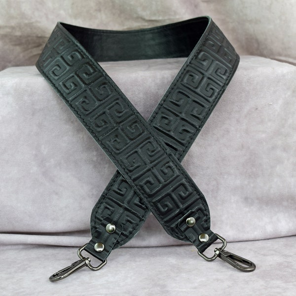 Black Greek Key Embossed Genuine Cowhide Leather replacement strap/cut-resistant/bag strap/leather purse strap/shoulder bag strap/crossbody