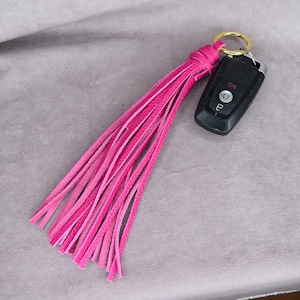 Leather tassel keychain/bag charm/limited edition pink pebble grain solid color genuine cowhide leather, teacher gift, Christmas, coworker