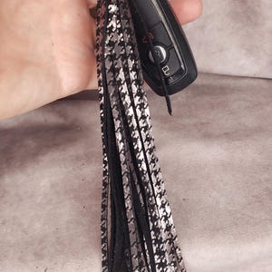 Houdsooth Key Rings Leather Tassel Keychain/bag Charm/ Black and Silver Houndstooth Soft ...