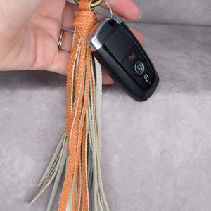 Leather tassel keychain/bag charm/ tangerine orange textured genuine cowhide leather, back to school, coworker gift, teacher gift Christmas