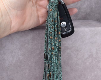 Leather tassel keychain/bag charm/Teal Green, dark brown-black with copper tipping gator embossed genuine cowhide leather/ Christmas gift