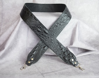 Leather crossbody strap/Black Alligator Embossed Genuine Cowhide Leather strap/cut-resistant/ leather purse strap/bag strap
