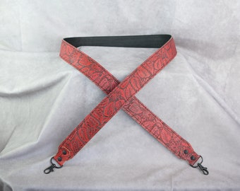 Red Floral Embossed Genuine Cowhide Leather replacement strap/cut-resistant/ leather purse strap/bag strap/crossbody strap/ handbag strap