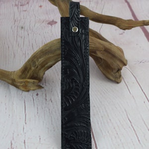Bookmark/Embossed Genuine Cowhide Leather Bookmark/ Gift for him/ Mother&#39;s Day Gift/ Black Floral Embossed Leather/Black leather back
